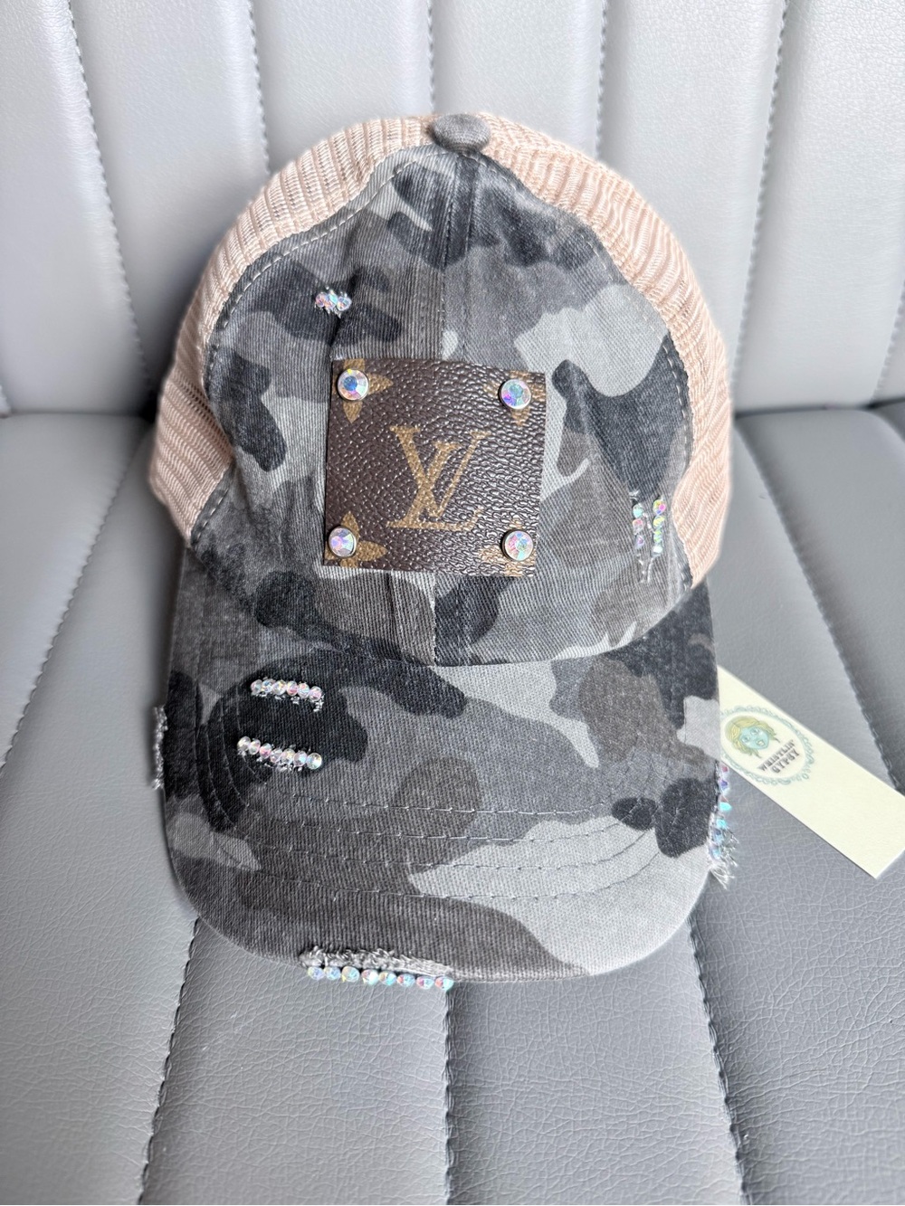 Upcycled CC Louis Vuitton Patch Trucker Hat Baseball Cap Western Chic Rhinestone